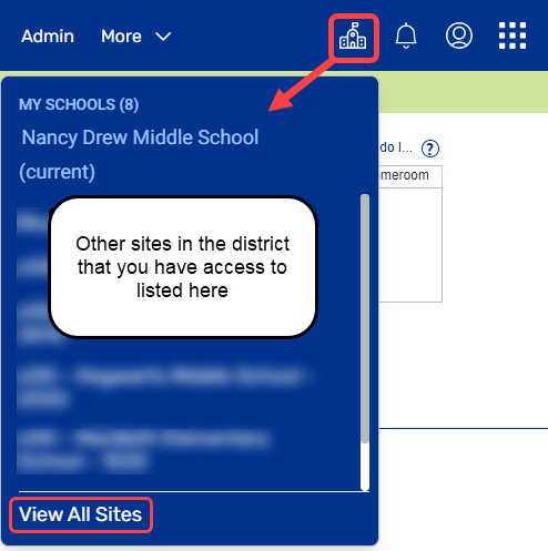 Site Switcher highlighted and expanded to show site options.