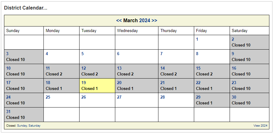 District calendar page.