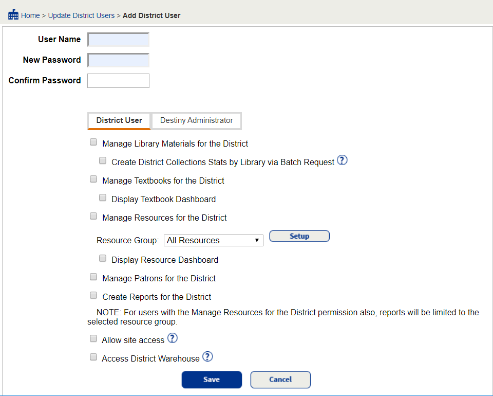 District User Setup page.