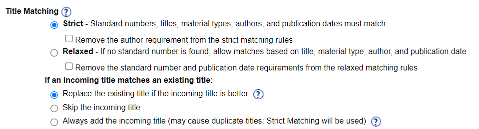 Title Matching section showing Strict and Relaxed options