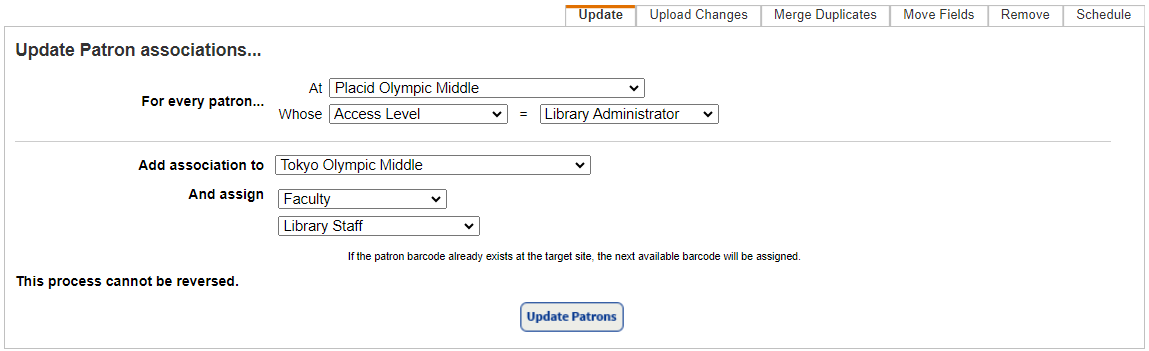 District Update Patron page Update Sub-tab with associations defined