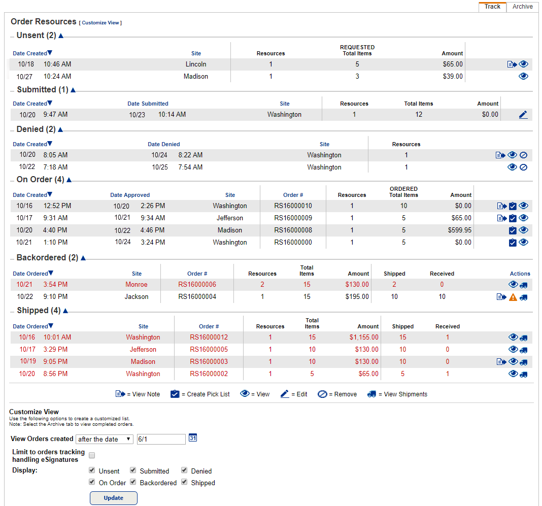 District User's view of the Resource Orders, track sub-tab.