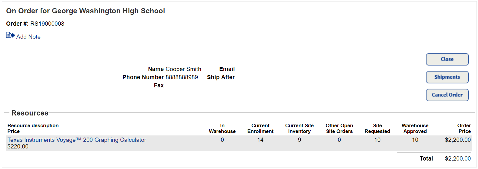 District Warehouse, Catalog, Resource Orders, Track Sub-tab, View Order for resources